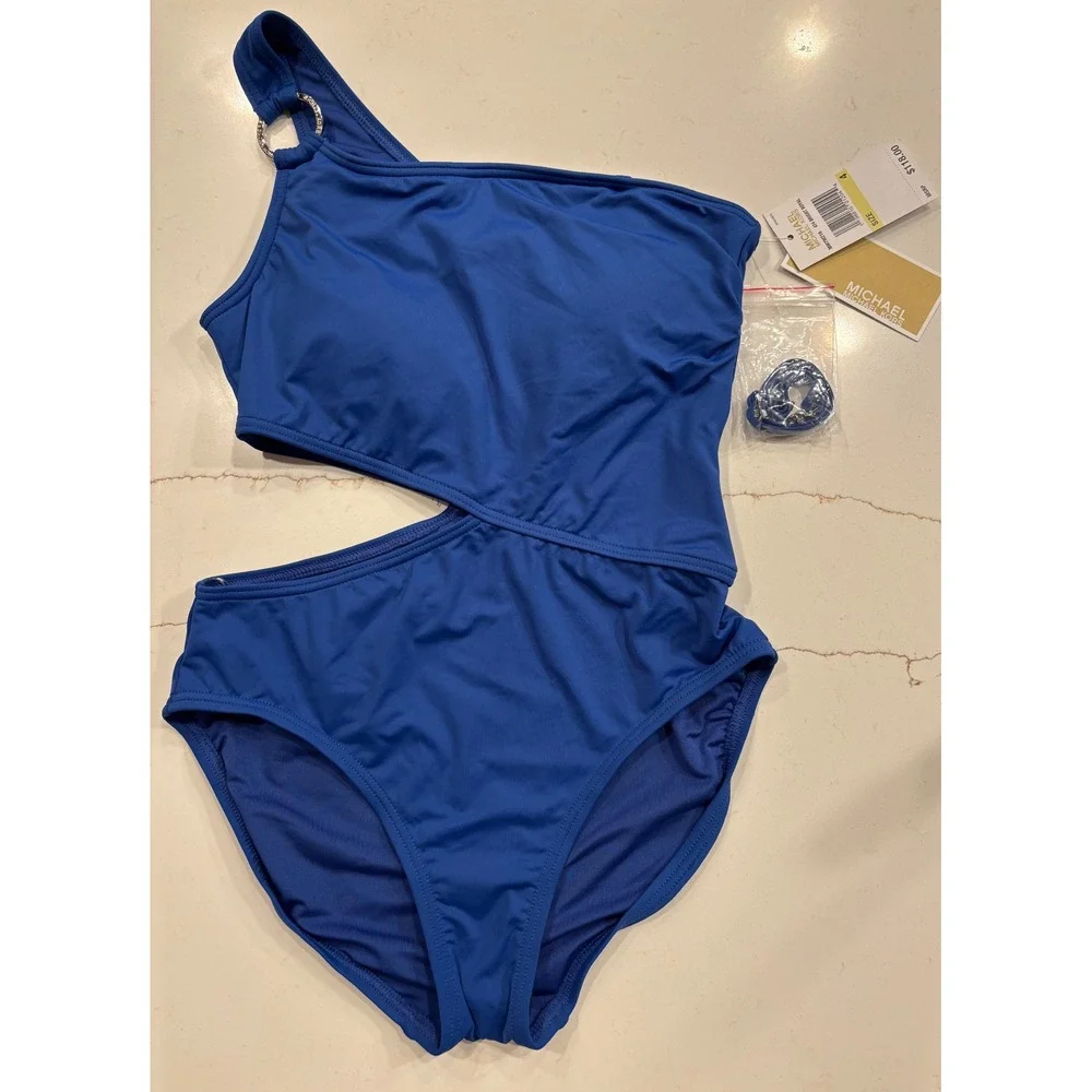 NWT Michael Kors size 4 One-Shoulder Cutout‎ Swimsuit Women Royal Blue